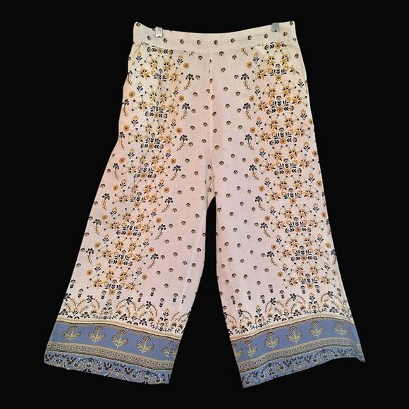 Joie 100% Linen Floral Wide Leg Pant Large Lagenlook Boho Hippie Coastal Pull On - Picture 1 of 16